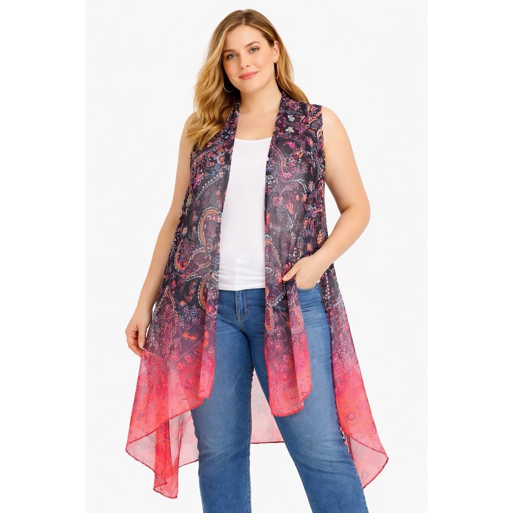 Sami & Jo Paisley Duster Vest Sheer Sleeveless Open Front Women 2X Boho